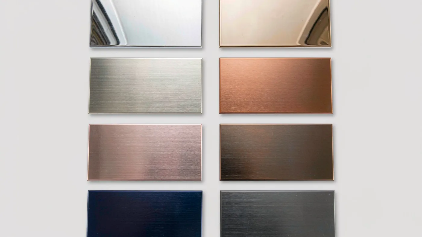 A2 fire-rated metal color series — silver, brushed, champagne, copper, rose gold, bronze, navy and charcoal