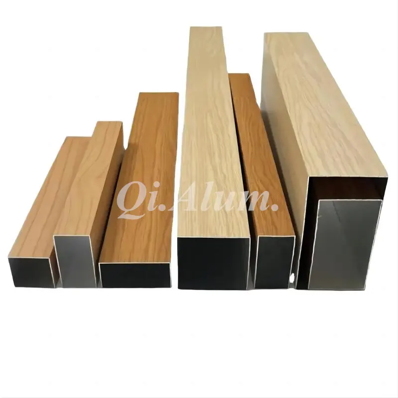 Wood Grain Rectangle Tube Aluminum Profiles For Construction — Foshan Qi Aluminum Decorative Materials Co., Ltd