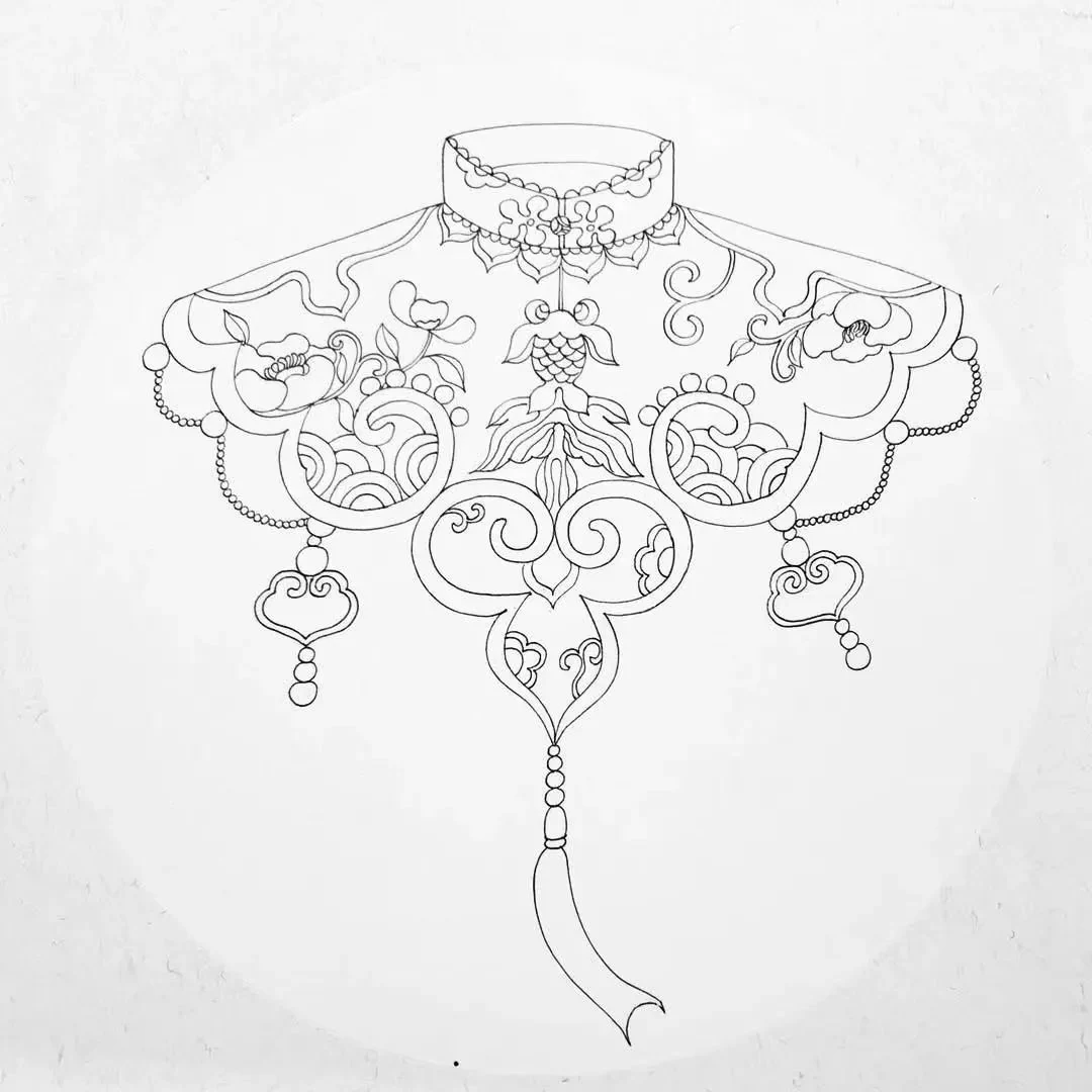 Pencil line drawing of a tile design prepared before transfer to the porcelain blank