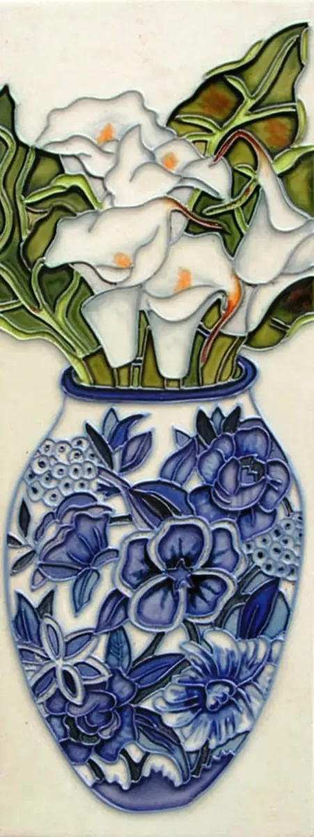 Tall hand painted tile panel with calla lilies and a blue floral vase