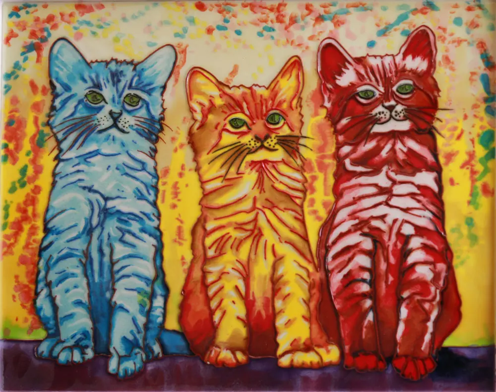 Hand Painted Tiles 3 Cats hand painted ceramic tile