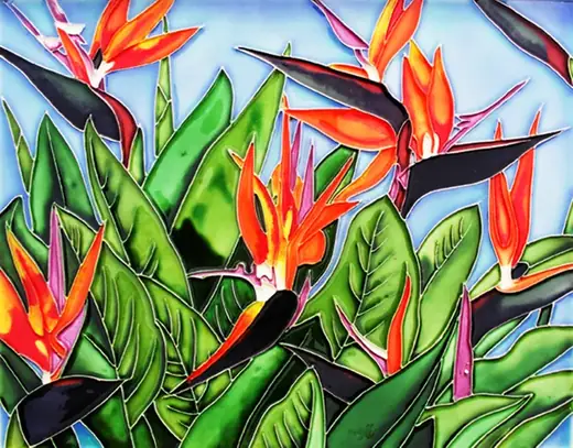 Bird of paradise hand painted ceramic tile panel in green and orange glaze