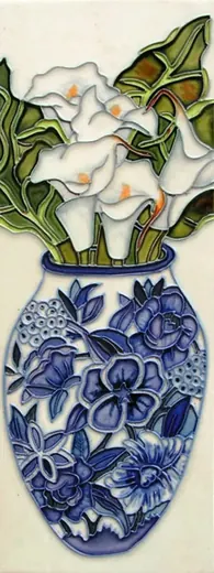 Tall hand painted tile panel with calla lilies and a blue floral vase