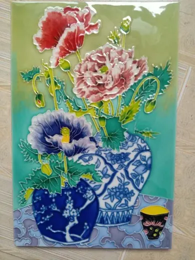 Hand painted decorative ceramic tile with landscape motif
