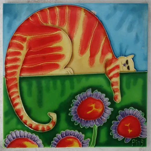 Painted Ceramic Art Tile 6 and 8 Inch Cat - view 2