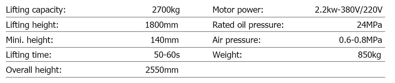 AOL27 specification table from the manufacturer