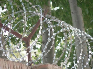 Razor barbed wire cross type coil in position