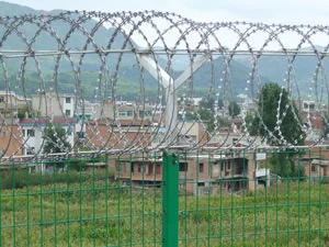 Welded mesh fence with razor wire topping above a town