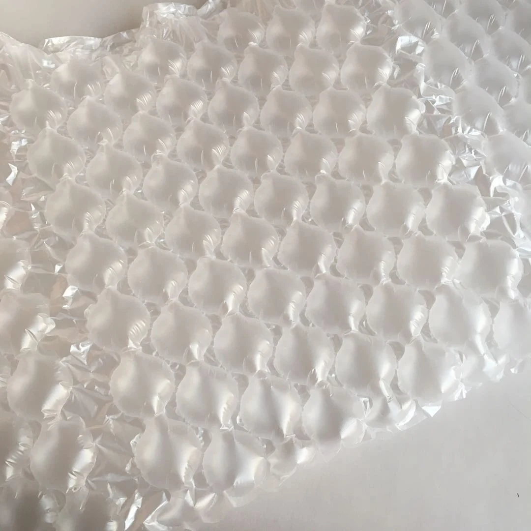 Close-up of translucent inflated air cushion bubble packaging film on