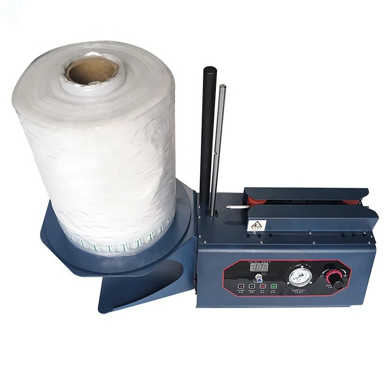Blue industrial stretch wrapping machine with a roll of clear film and a control panel featuring a pressure gauge.