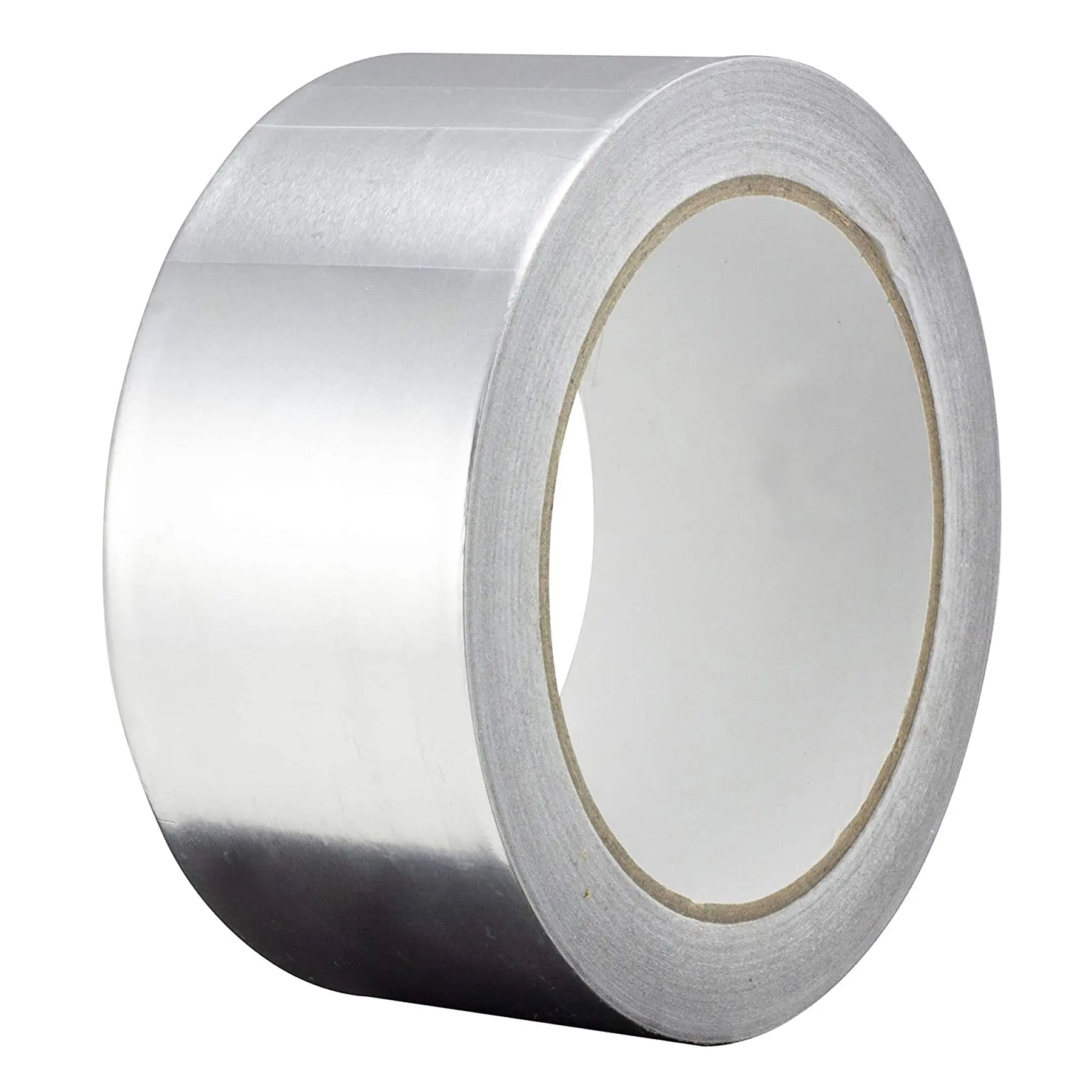 Roll of silver aluminum foil tape with white paper core on a plain white background
