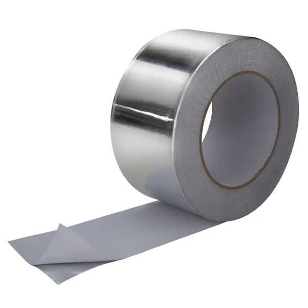 Roll of silver aluminum foil tape with the end peeled back to reveal the adhesive backing, on a white background