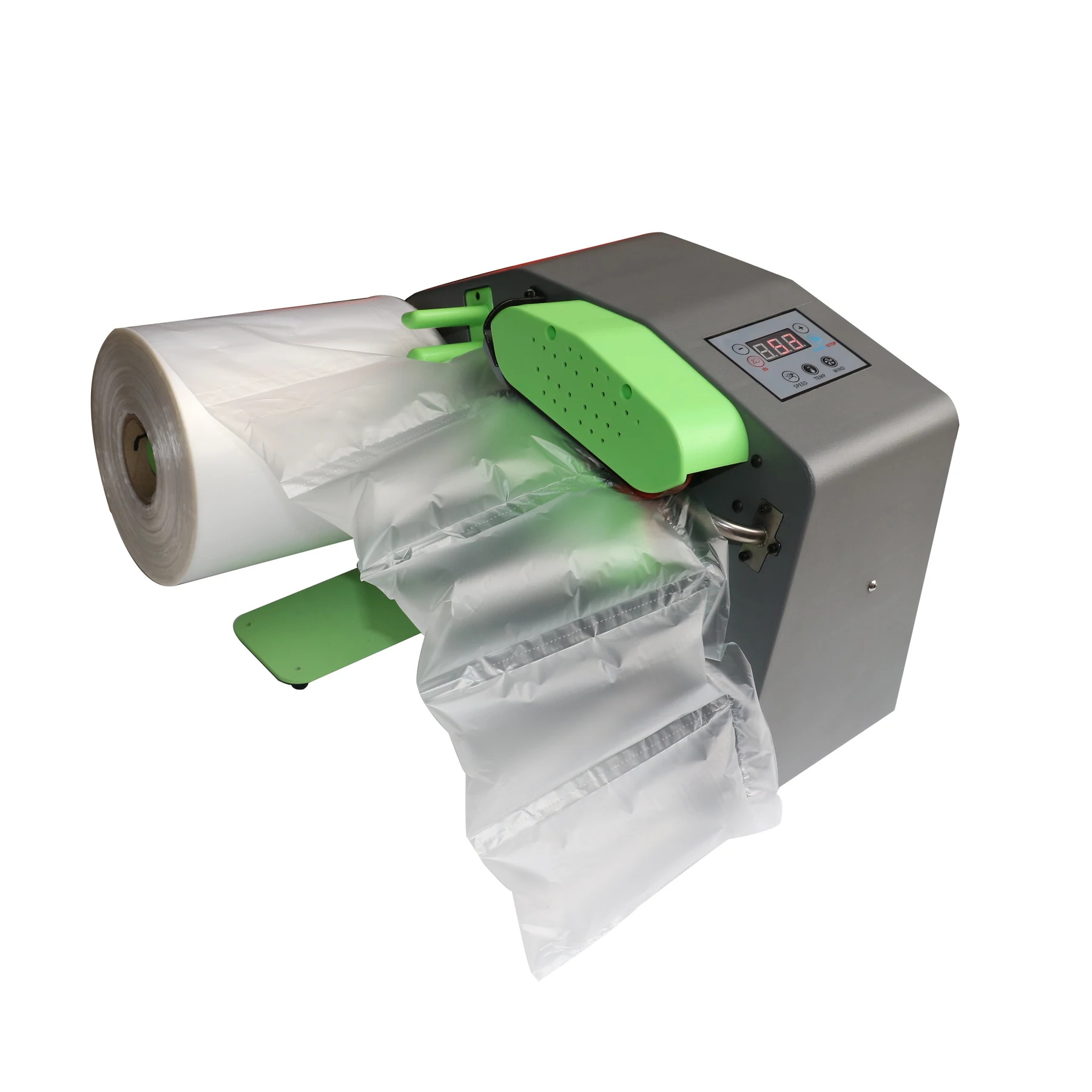 Gray and green air cushion packaging machine inflating plastic film from a roll