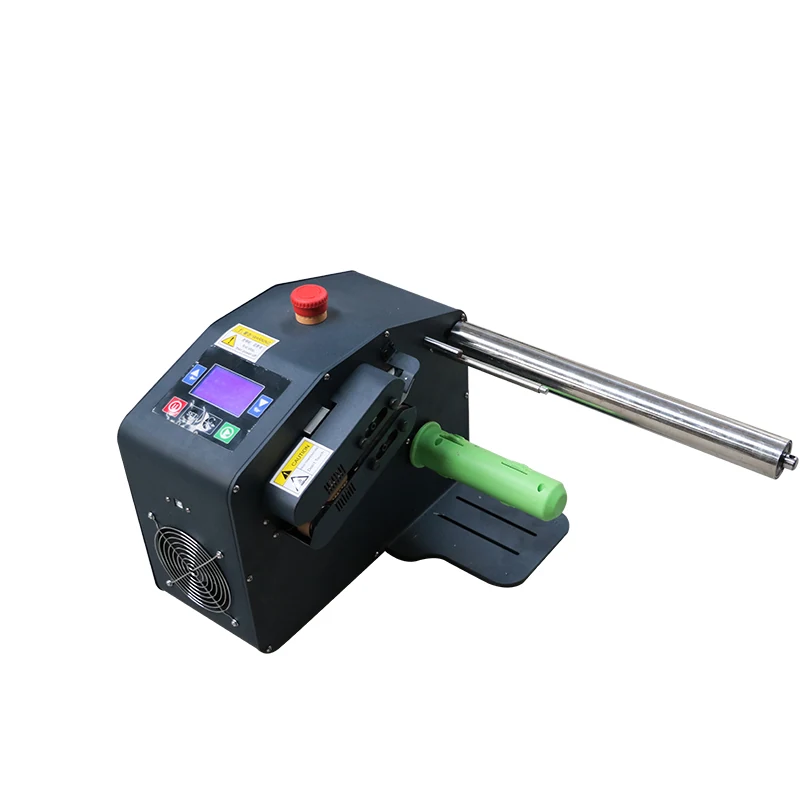Desktop industrial coding machine with a black casing, digital display, red emergency stop button, and a metal roller spindle.
