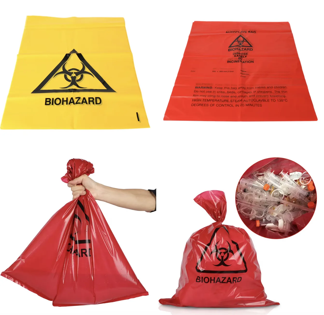Collage showing yellow and red biohazard bags, including a hand holding a filled bag and a view of contents.