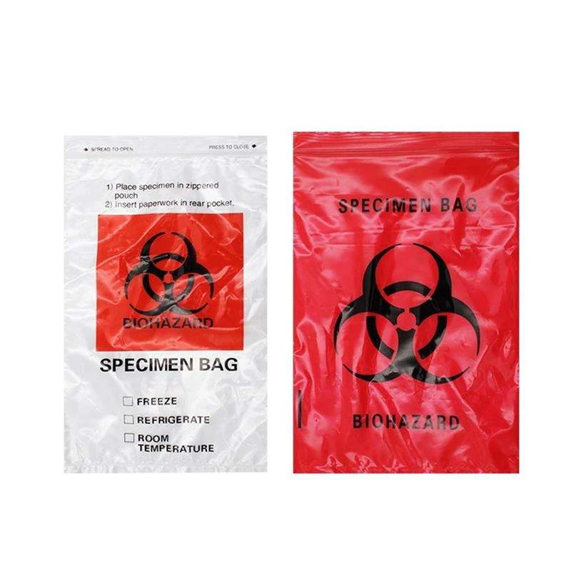 Red and white biohazard specimen bags with printed SPECIMEN BAG text and bioh