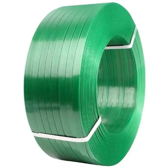 Roll of green PET plastic strapping band on white background