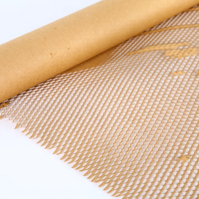 Partially unrolled roll of brown kraft paper honeycomb mesh on a white background