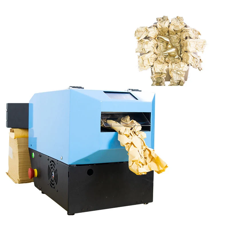 Blue and black industrial machine producing crumpled paper packaging from a cardboard sheet