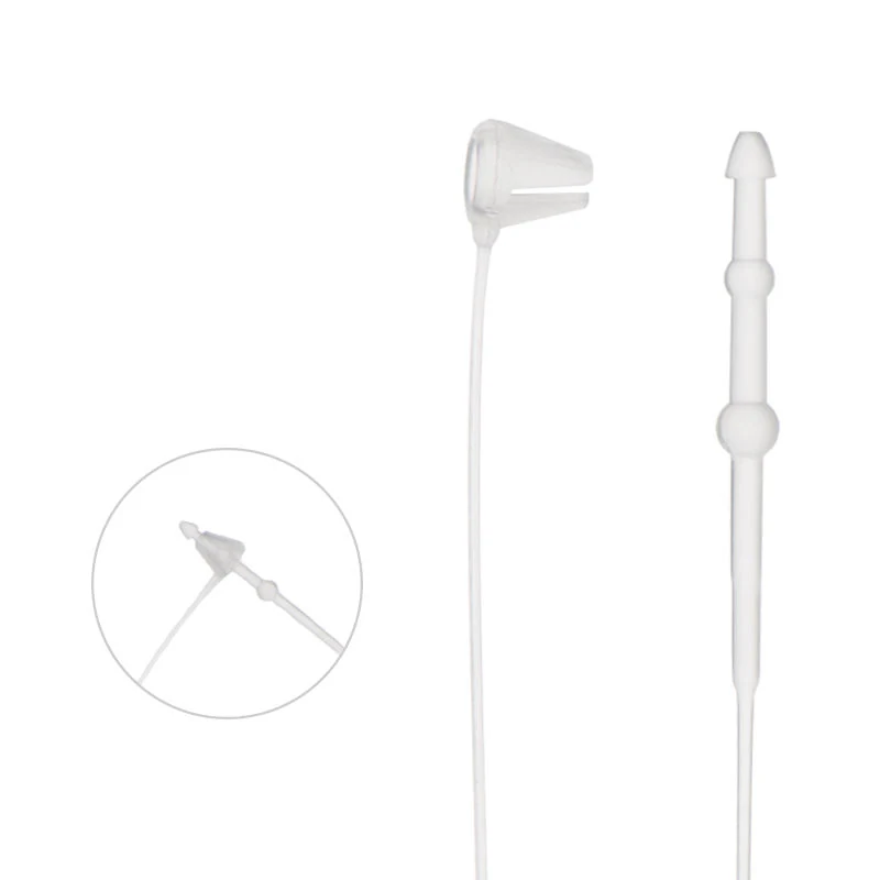 Two white silicone tube devices, one with a cone-shaped tip and one with a beaded shaft, plus a magnified inset detail of the cone tip