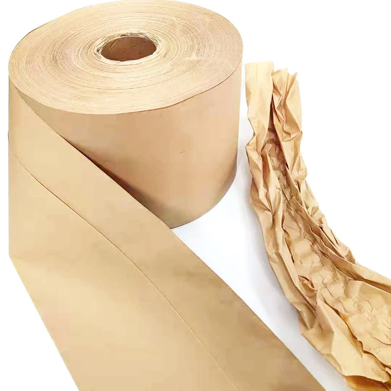 A roll of brown kraft paper with a smooth sheet and a crumpled sheet displayed on a white background.