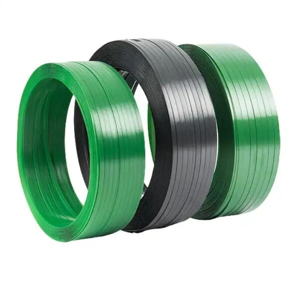 Three coils of plastic strapping band, two green and one dark gray, on a white background
