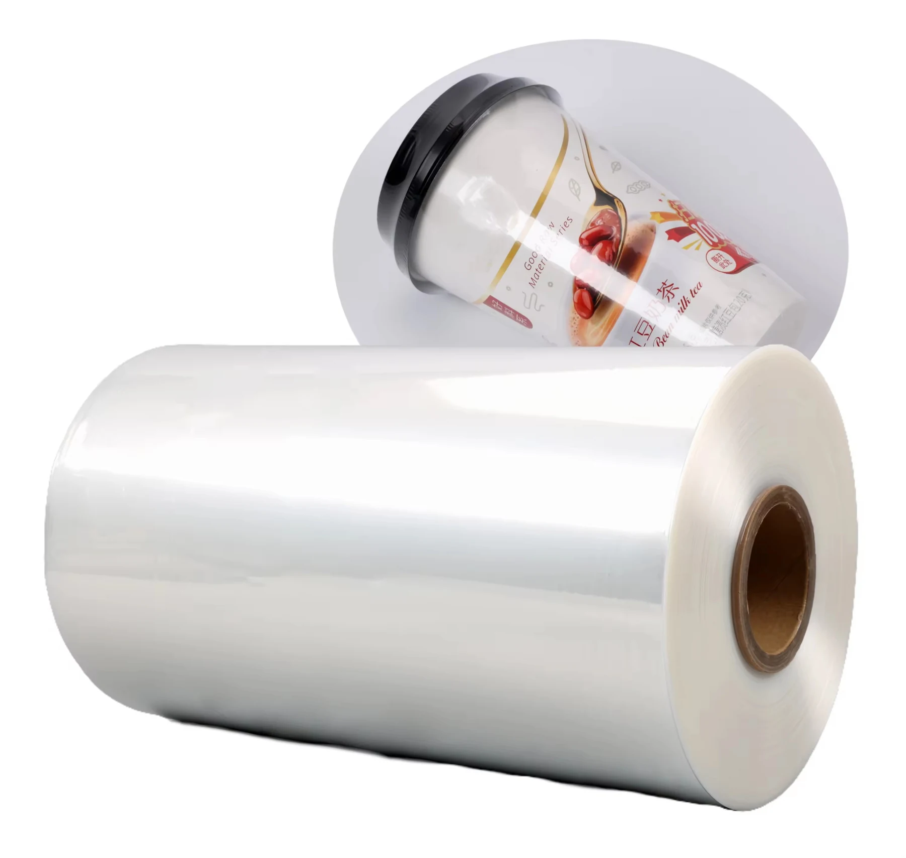A large roll of clear plastic film with an inset image of a sealed paper cup.