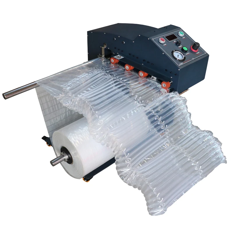 Air cushion packaging machine inflating bubble wrap from a film roll on a white background