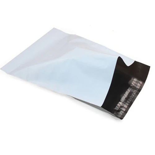White poly mailer courier bag with black self-adhesive seal flap on a plain white background