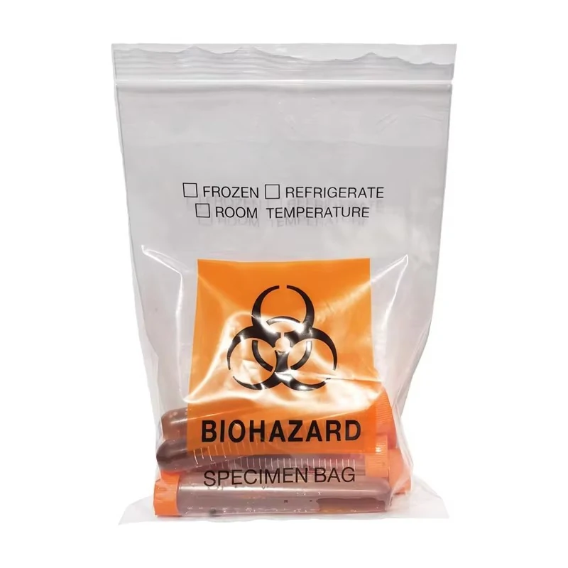 A clear plastic biohazard specimen bag containing a tube, featuring an orange warning label and temperature checkboxes.