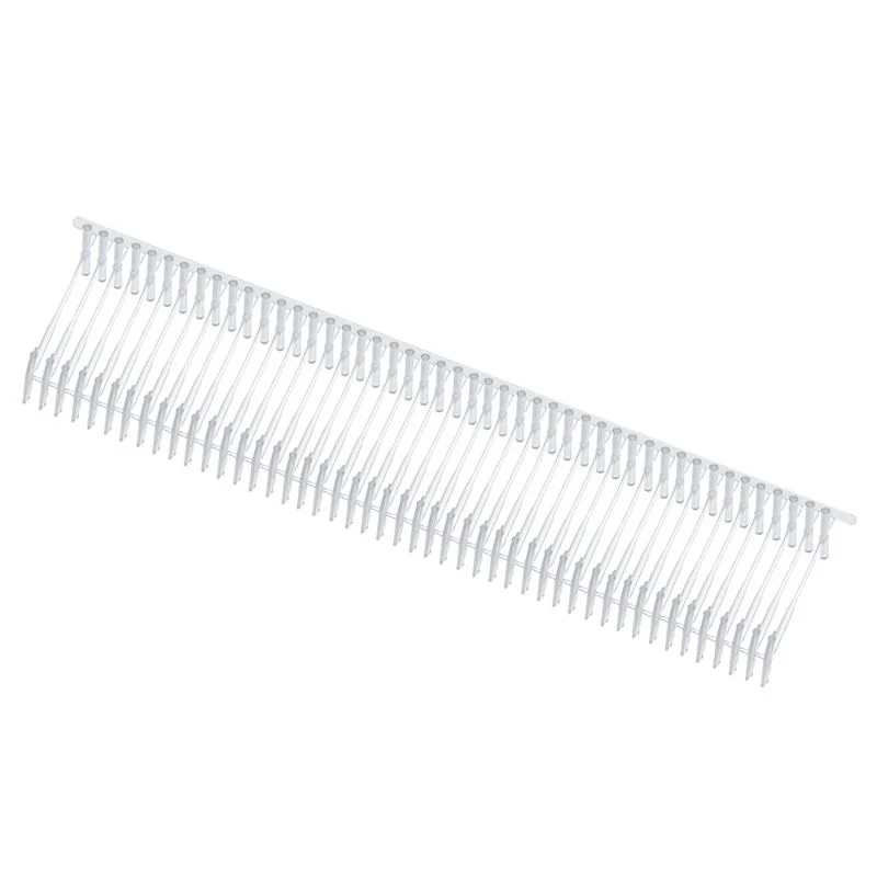 Long white plastic strip fitted with rows of small clips or fasteners, shown diagonally on