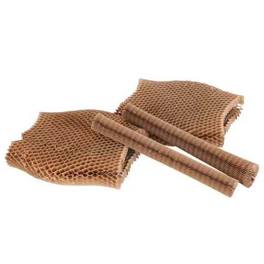 Brown honeycomb evaporative cooler pads, two flat and two rolled, on a white background