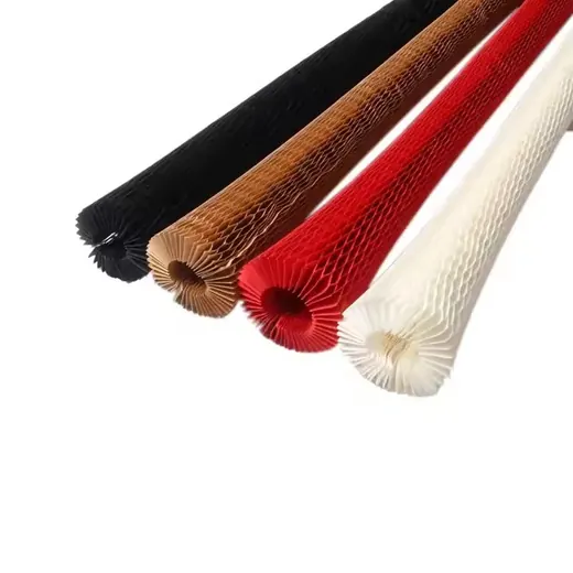 Four honeycomb paper wrapping rolls in black, brown, red and white on a white background