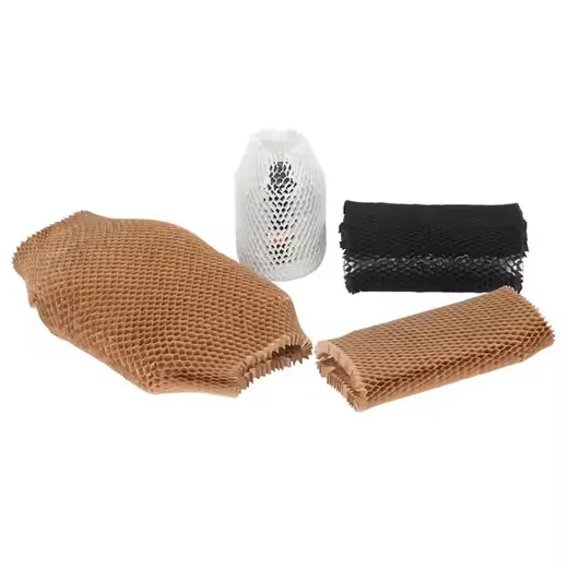 Kraft honeycomb paper wrap sheets, black honeycomb wrap and white foam netting sleeve on white background