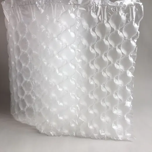 Inflatable air cushion bubble wrap sheet standing upright against a plain white background
