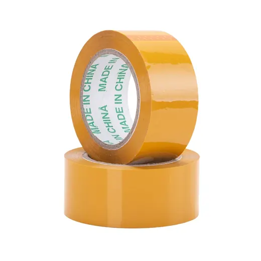 Two rolls of clear packing tape, one stacked on top of another, showing green MADE IN CHINA text on the inner core.