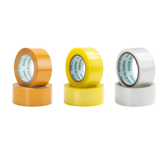 Three pairs of stacked packing tape rolls in tan, yellow, and clear colors.