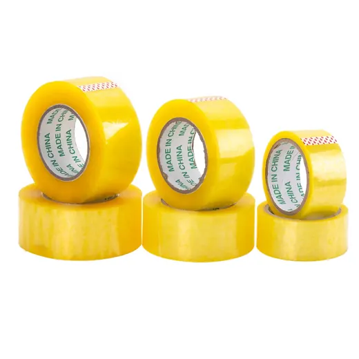 Yellow BOPP packing tape rolls stacked in three pairs, cores printed MADE