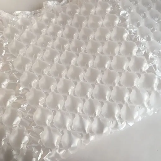 Close-up of translucent inflated air cushion bubble packaging film on