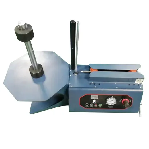 Blue industrial labeling machine with a large product reel and digital control panel