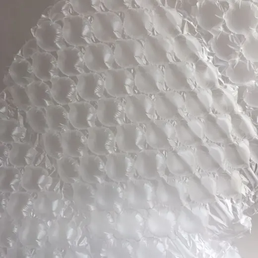 Close-up of translucent bubble wrap packaging sheet with rows of air-filled bubbles