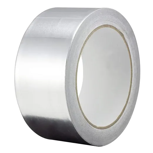 Roll of silver aluminum foil tape with white paper core on a plain white background