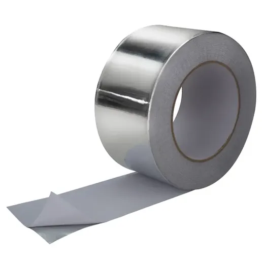 Roll of silver aluminum foil tape with the end peeled back to reveal the adhesive backing, on a white background