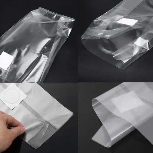 Collage of four views of clear plastic bags with white label patches on dark backgrounds