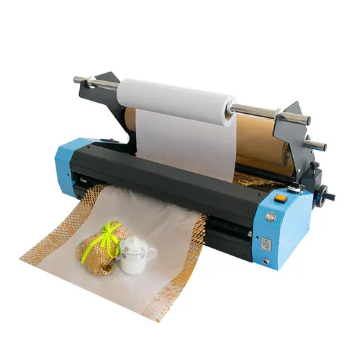 Blue and black honeycomb paper machine producing paper with wrapped gifts on top