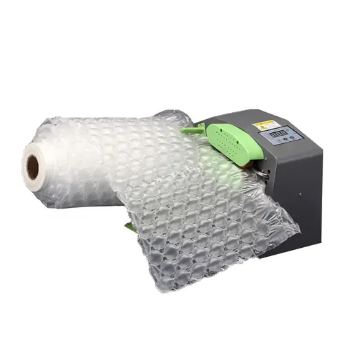 Air cushion packaging machine inflating bubble wrap from a roll against a white background