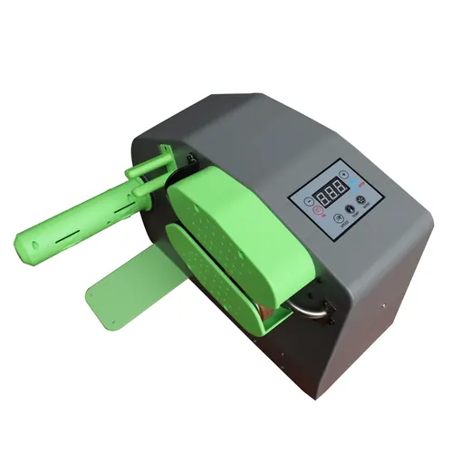 3D render of a green and grey industrial machine with a digital control panel