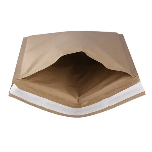 Open kraft paper padded bubble mailer envelope with white adhesive strip on a white background
