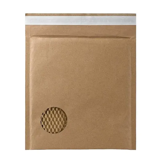 Kraft paper padded mailer with white peel-and-seal strip and circular cutaway revealing honeycomb paper cushioning inside