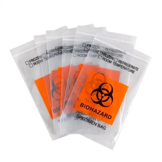 Fan of five clear plastic biohazard specimen bags with orange labels and checkboxes